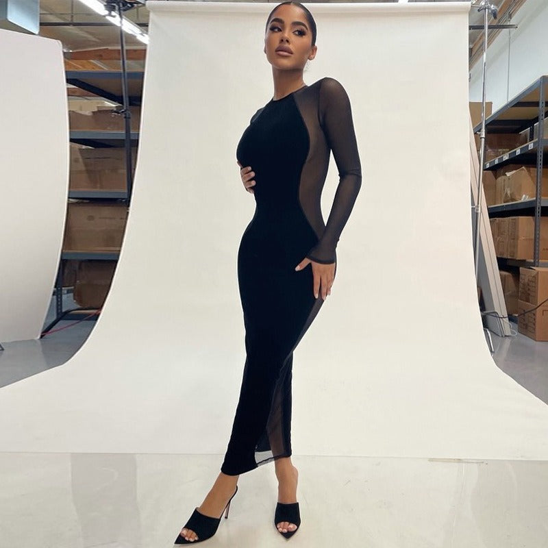 Autumn Winter Sexy See-through Mesh Long Sleeve Dress