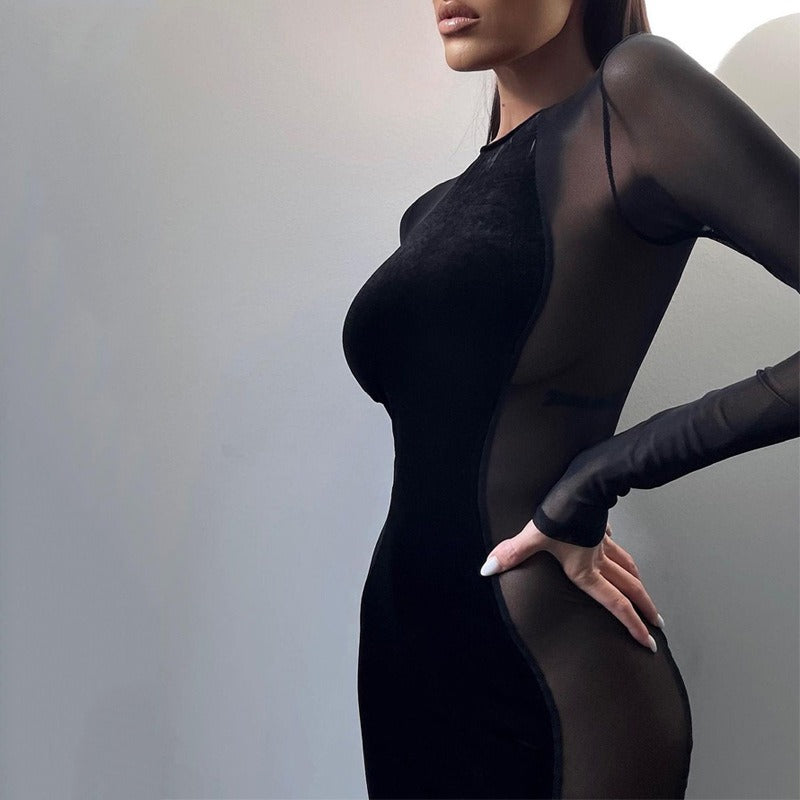 Autumn Winter Sexy See-through Mesh Long Sleeve Dress