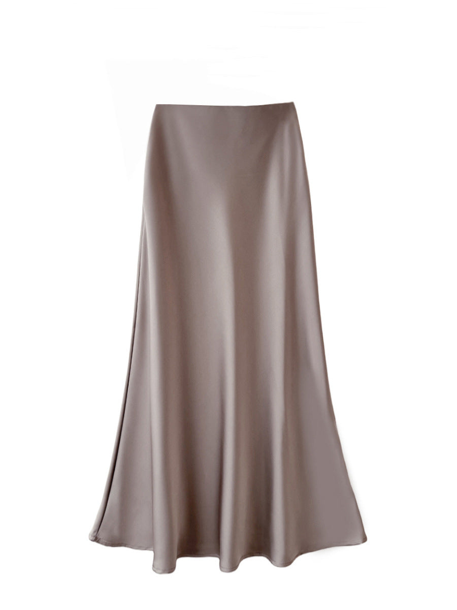 High Waisted Silk Satin Midi Skirt