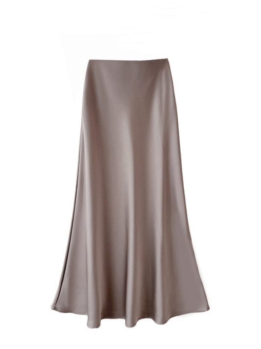 High Waisted Silk Satin Midi Skirt