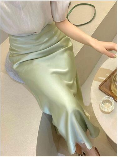 High Waisted Silk Satin Midi Skirt