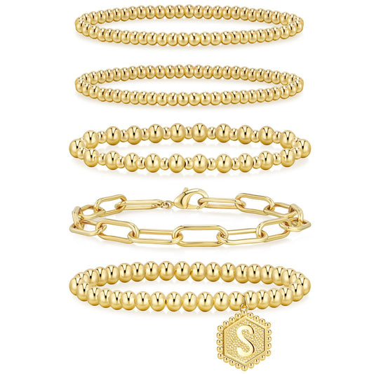 adoyi Gold Bracelets for Women Beaded Bracelet 14K Gold Plated Bracelet Stack Initial Letter S Strand Stretch Bead Ball Stackable Bracelet Set Adjustable Bracelet Jewelry Gift for Women