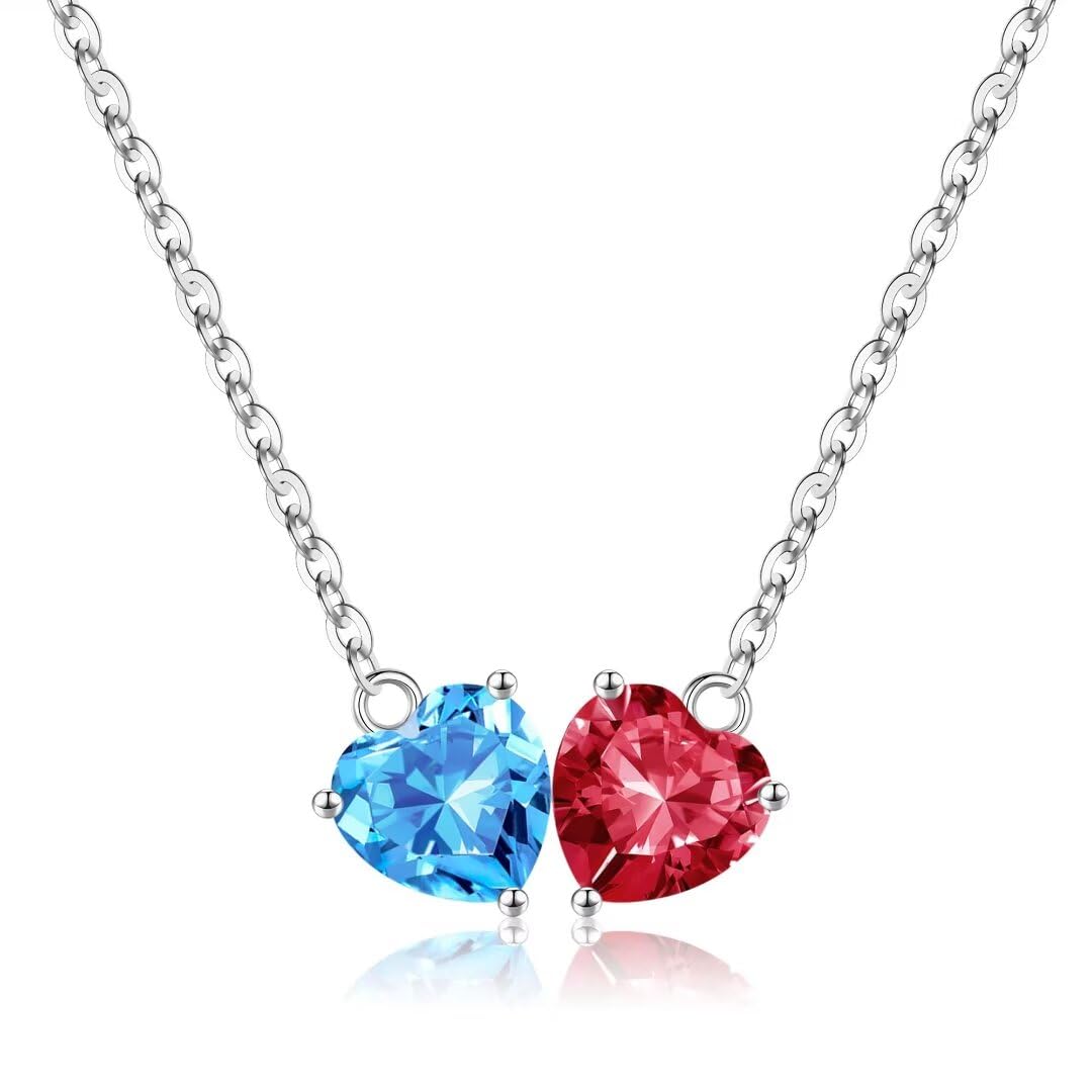 Iefil March & July Birtnstone Necklaces - Garnet Necklace Sapphire Necklace Heart Birthstone Necklace for Women Jewelry for Women Sterling Silver Necklace Wife Gifts Ideas